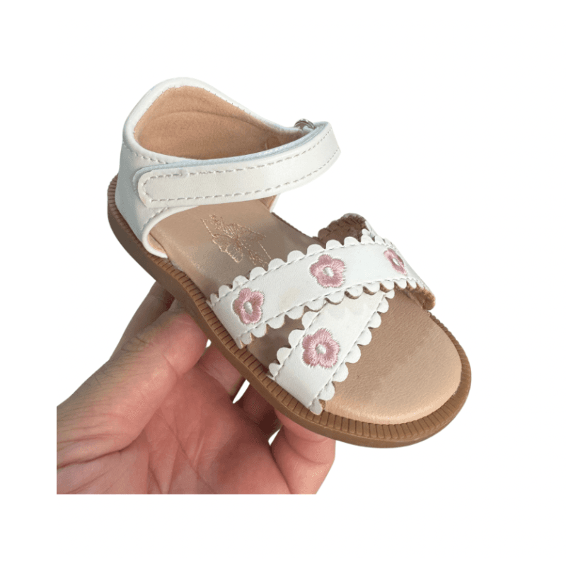 Sandales Blanches Fille à Brides Croisées et Fleurs Roses