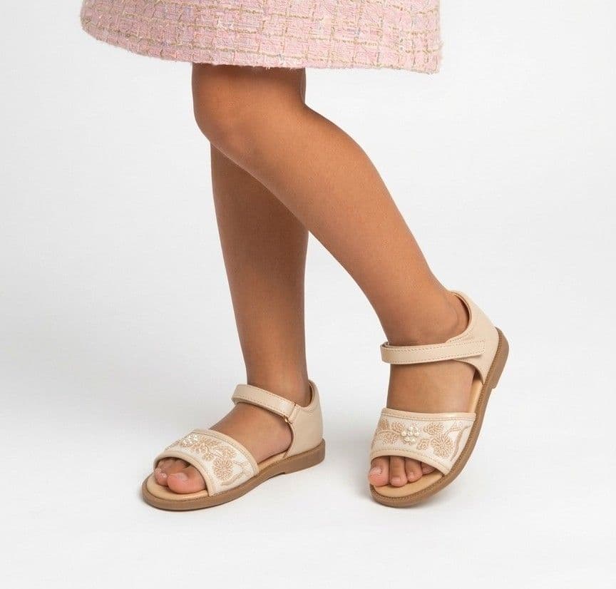 Sandales Fille avec Broderie Florale et Perles (Beige & Blanc)