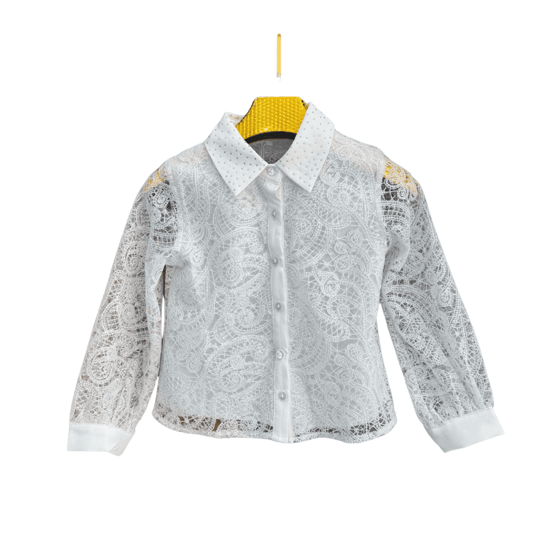 Chemise fille guipure col strass – Blanc