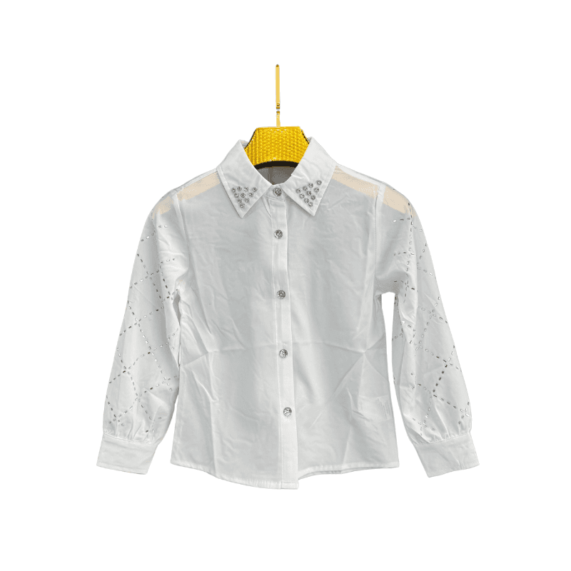 Chemise fille manches strass – Blanc