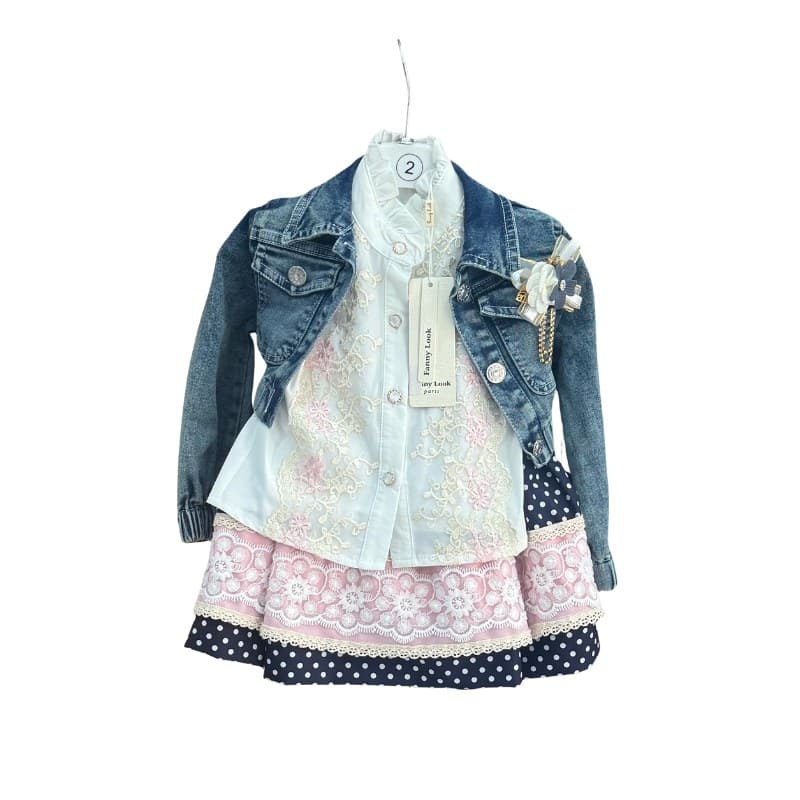 Ensemble fête fille 3 pièces veste en jean + chemise dentelle + jupe à pois