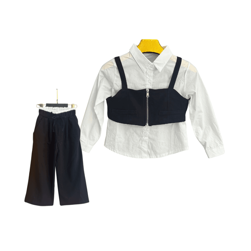 Ensemble fille 3 pièces chemise + bustier zippé + pantalon large – Blanc / Noir