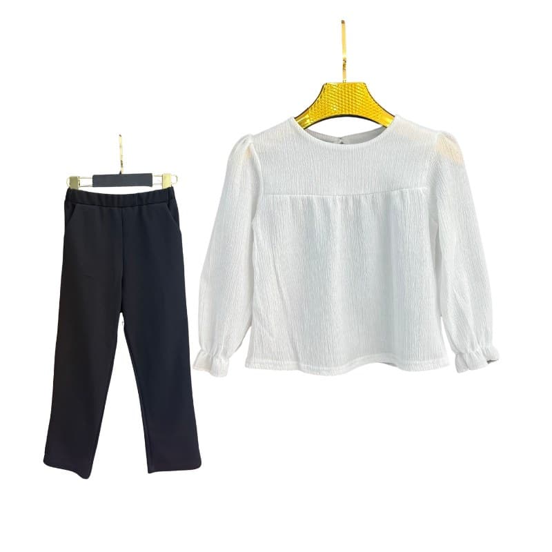 Ensemble fille blouse texturée + pantalon – Blanc / Noir