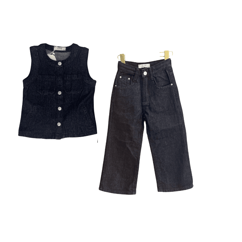 Ensemble fille gilet en jean + jean large – Bleu brut