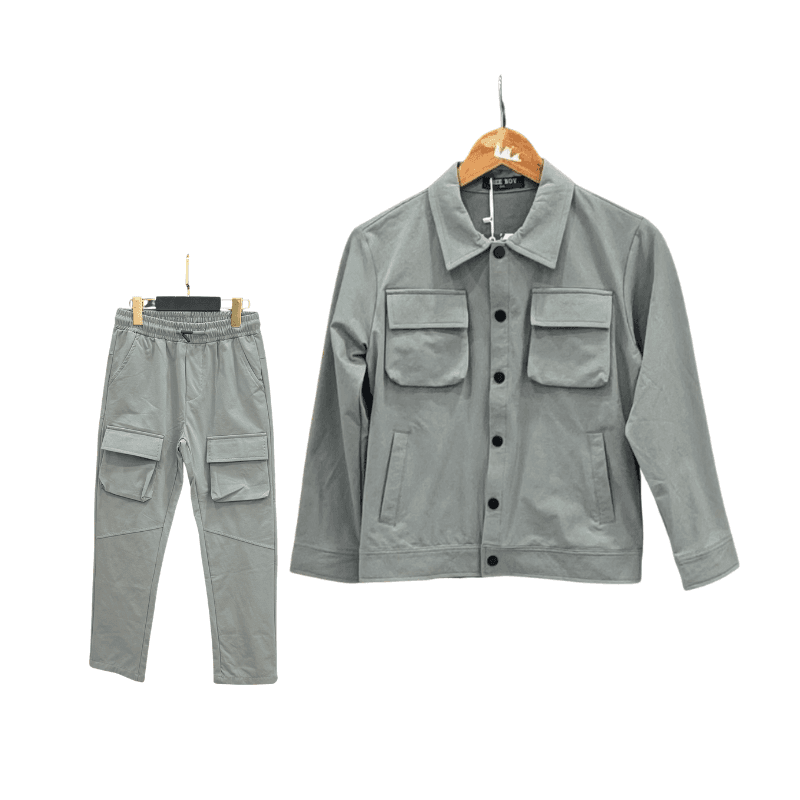 Ensemble garçon surchemise + pantalon cargo – Gris vert, boutons noirs