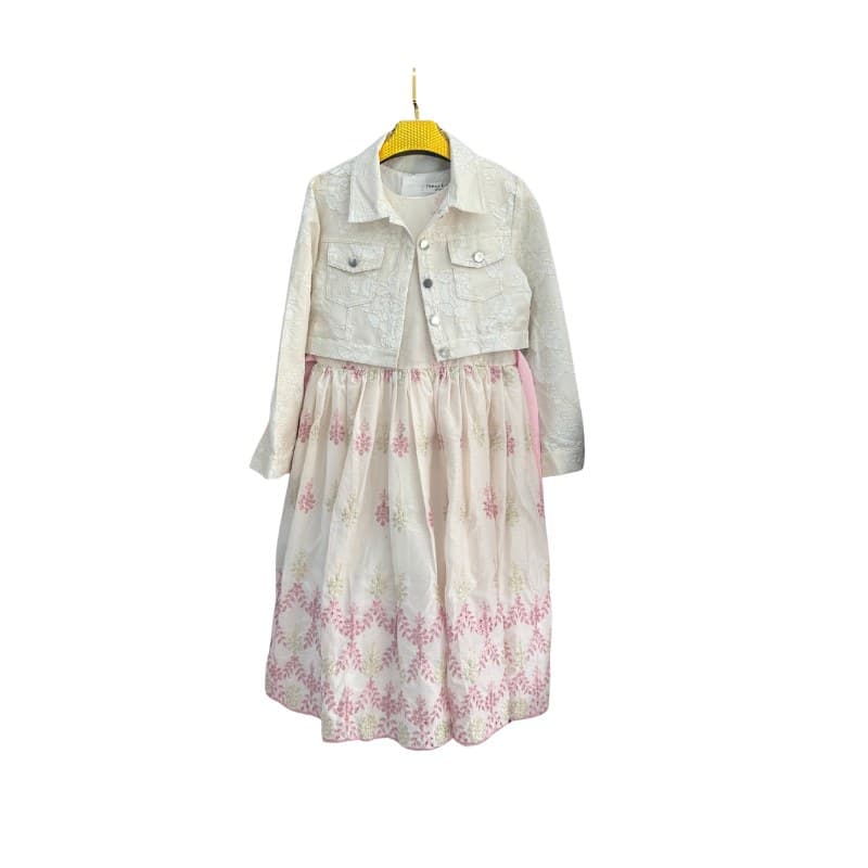 Ensemble fête fille veste jacquard + robe brodée – Écru / Rose