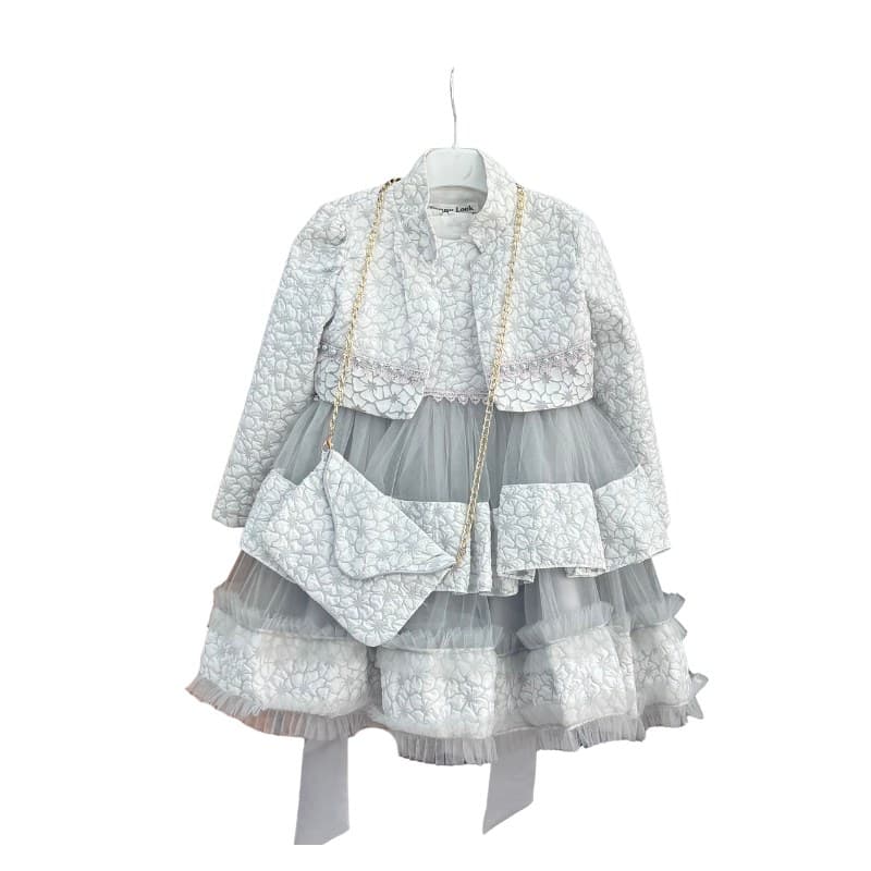 Ensemble soirée fille robe tulle + veste + sac – Gris perle