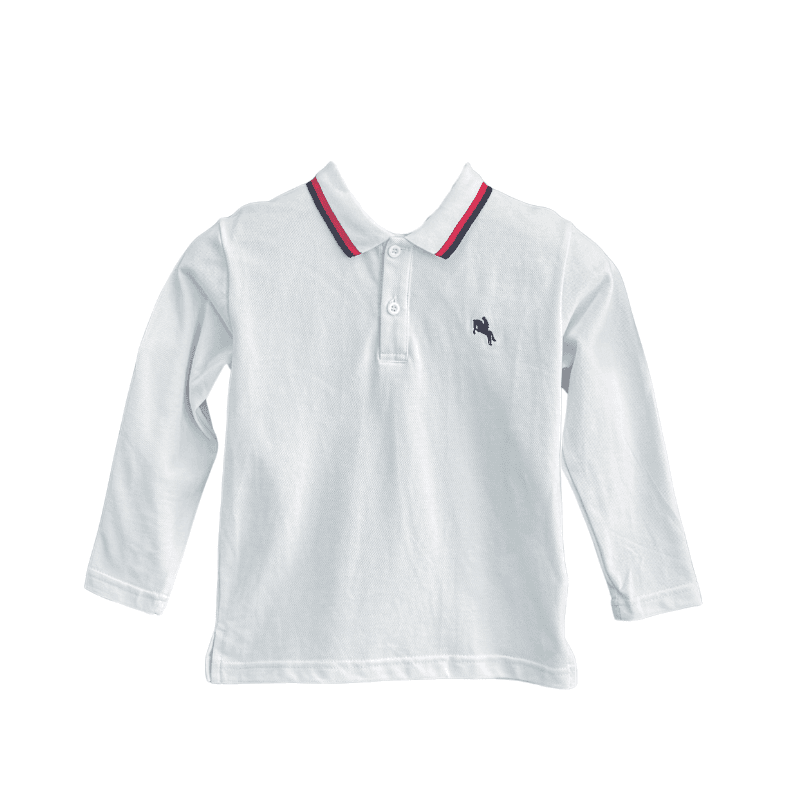 Polo garçon manches longues – Blanc, col rayé