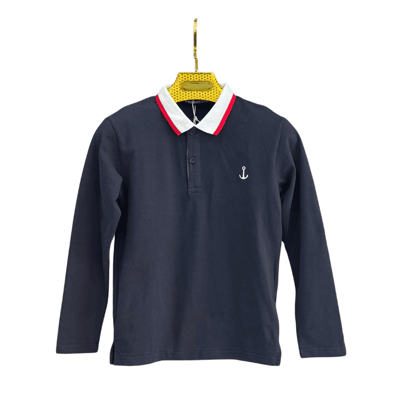 Polo garçon manches longues – Bleu marine, ancre brodée