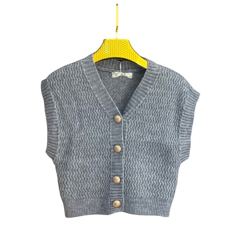 Gilet fille G66 col V maille zigzag boutons dorés