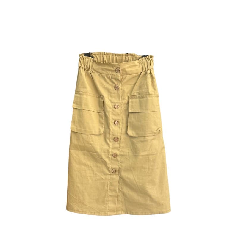 Jupe fille boutonnée à poches – Camel