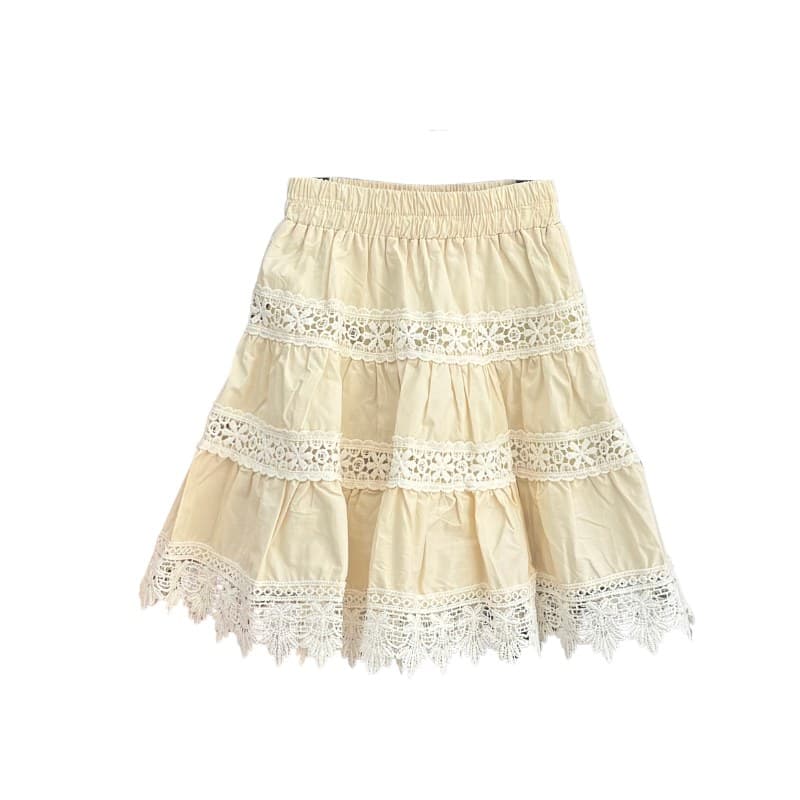 Jupe fille à étages et dentelle – Écru