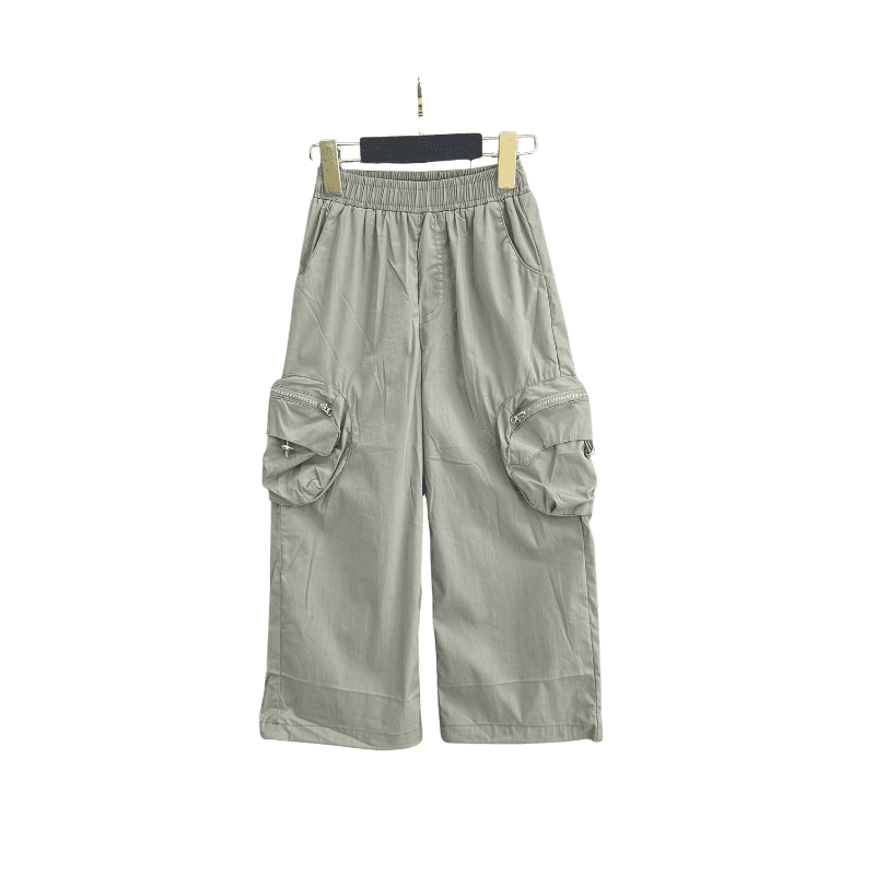 Pantalon fille large à poches zippées – Vert sauge