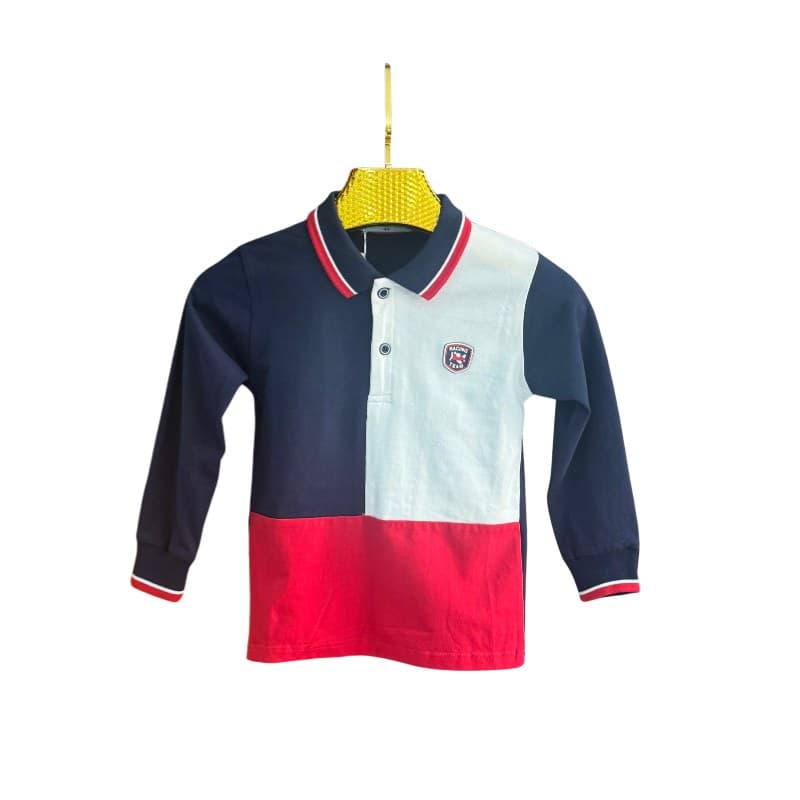 Polo garçon manches longues colorblock en coton
