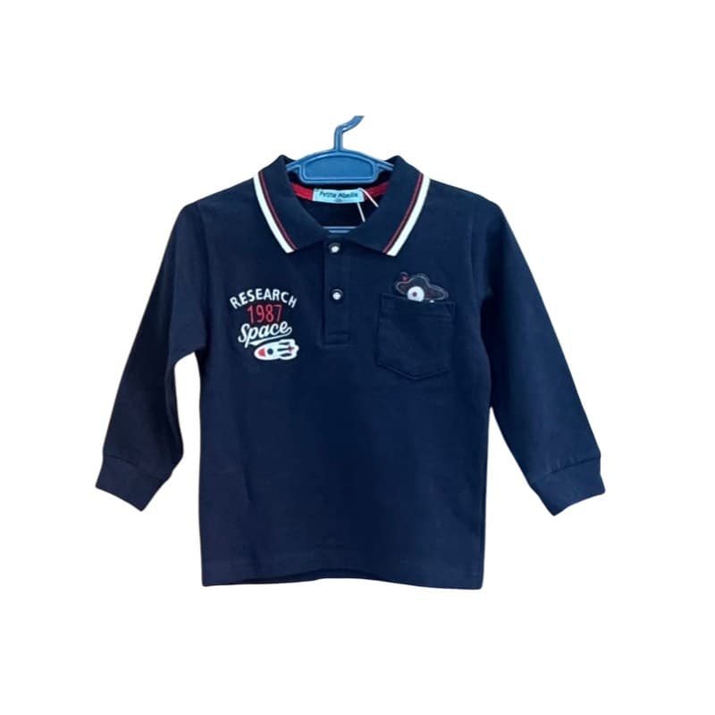 Polo garçon manches longues bleu marine brodé Space