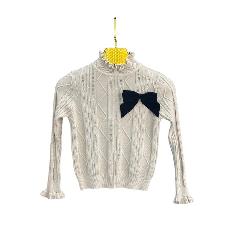 Pull fille col volanté nœud velours détachable – Beige