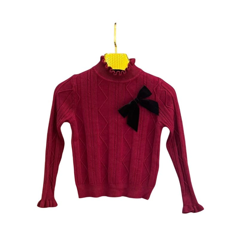 Pull fille col volanté nœud velours détachable – Rouge bordeaux