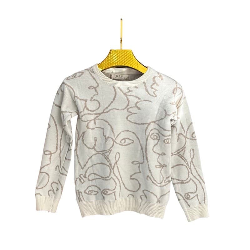 Pull fille G66 jacquard motif visages – Écru / Beige