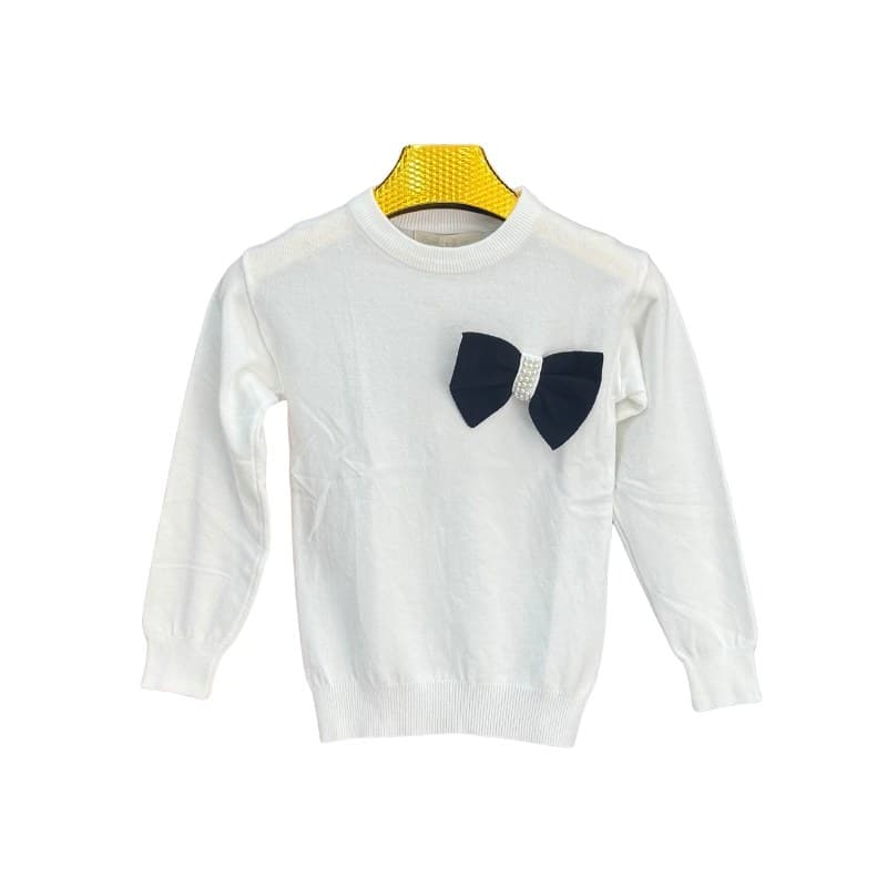 Pull fille nœud noir à perles – Blanc
