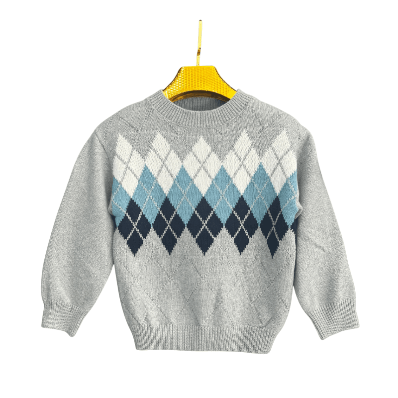 Pull garçon à losanges – Gris / Bleu