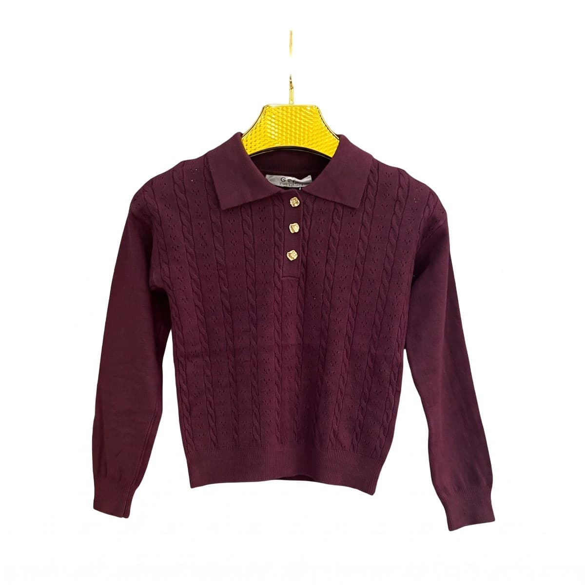 Pull polo fille G66 maille torsadée boutons dorés – Bordeaux