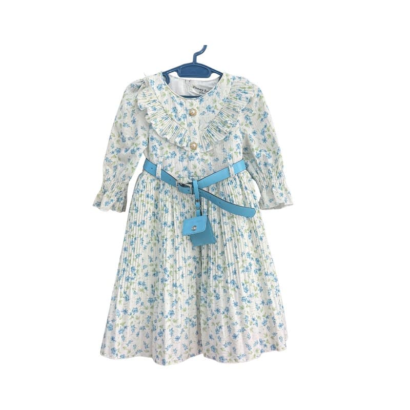 Robe fille fleurie plissée à ceinture et mini pochette