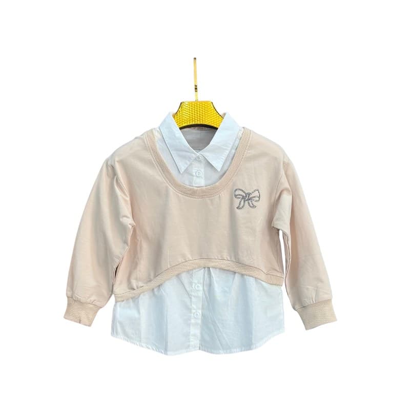 Sweat fille 2 en 1 col chemise nœud strass
