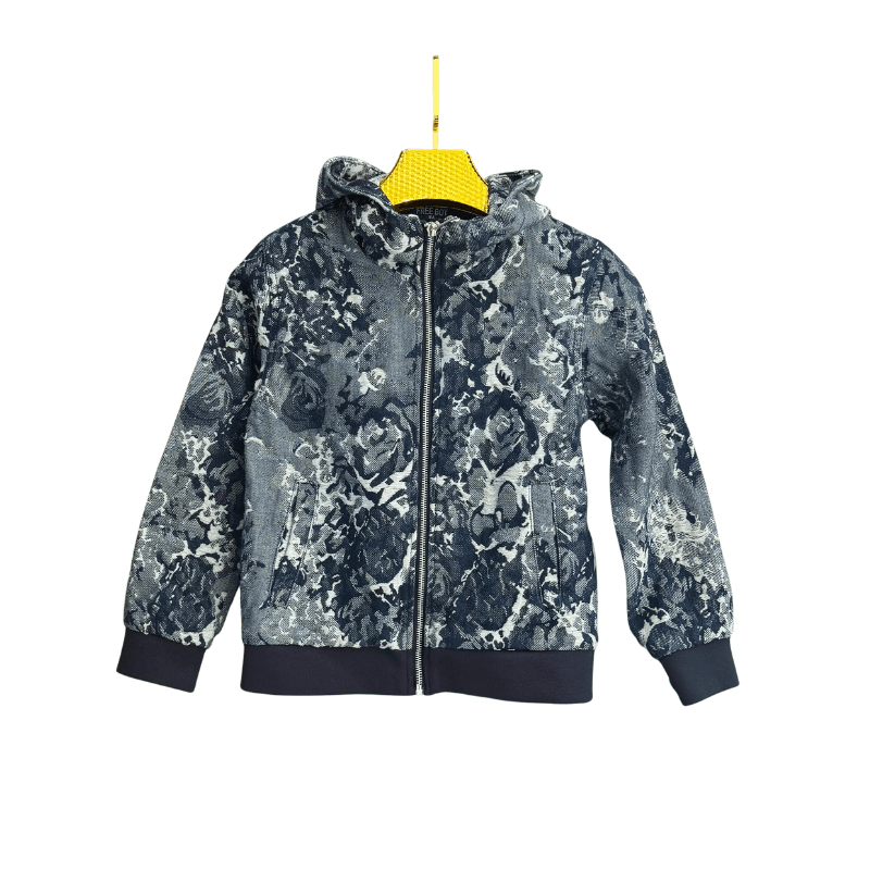 Veste garçon à capuche jacquard fleuri – Bleu
