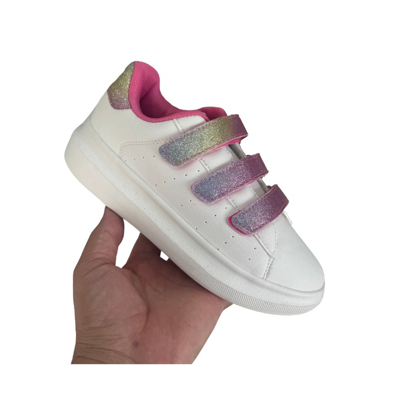 Baskets fille Legea blanches scratchs pailletés arc-en-ciel