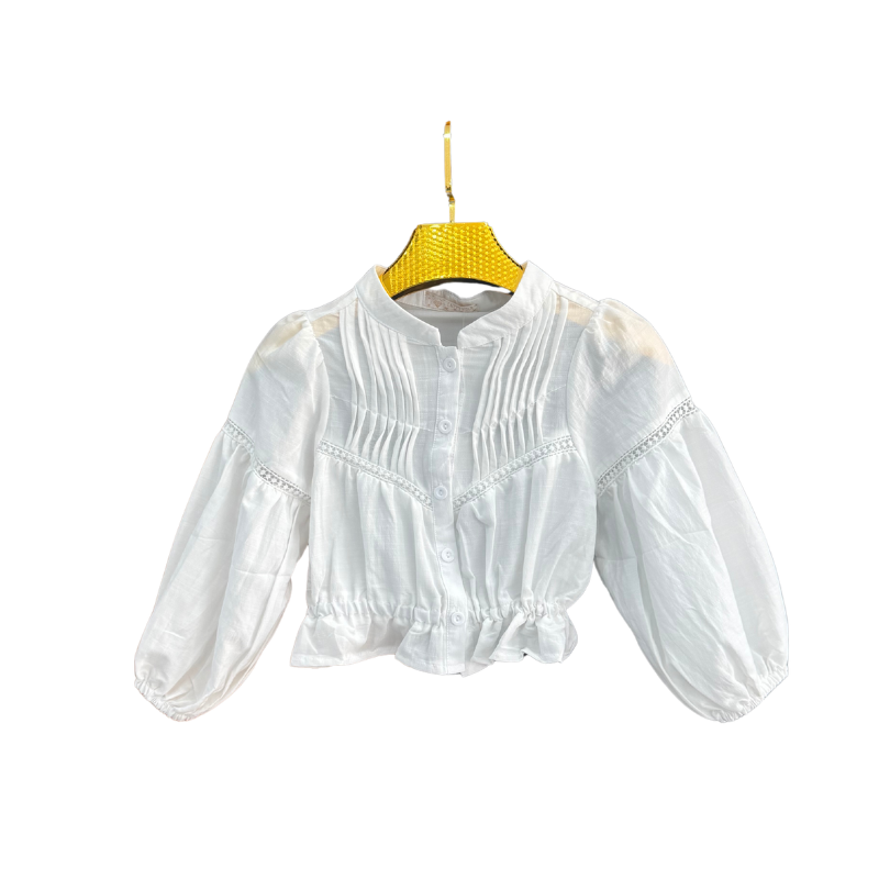 Blouse fille plissée à dentelle – Blanc