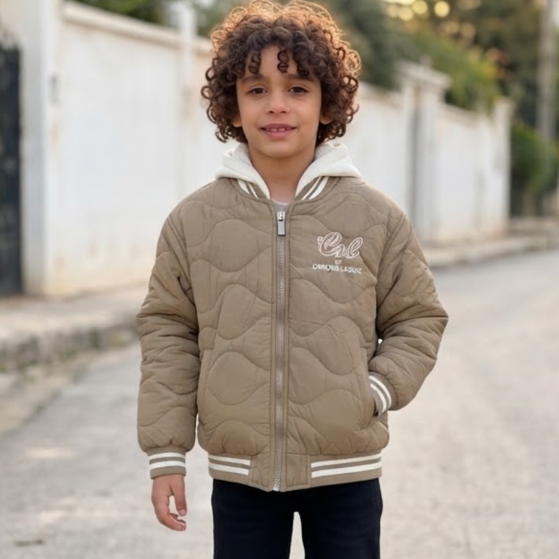 Blouson garçon matelassé à capuche – Taupe