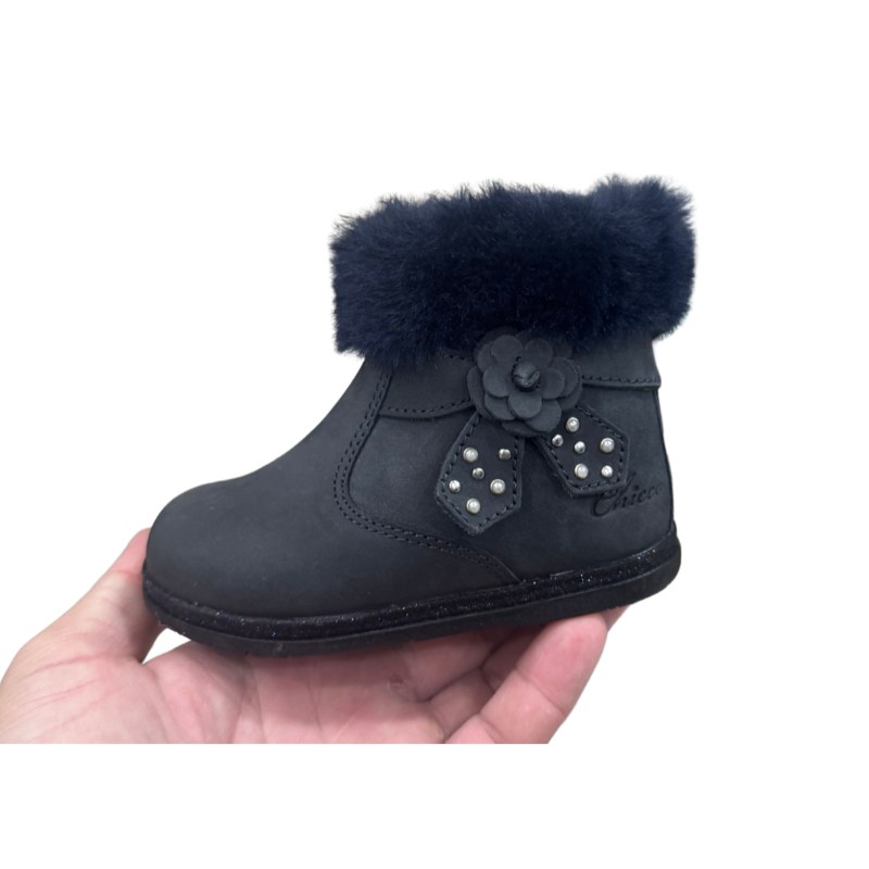 Bottines bébé fille Chicco bleu marine fourrure et fleur