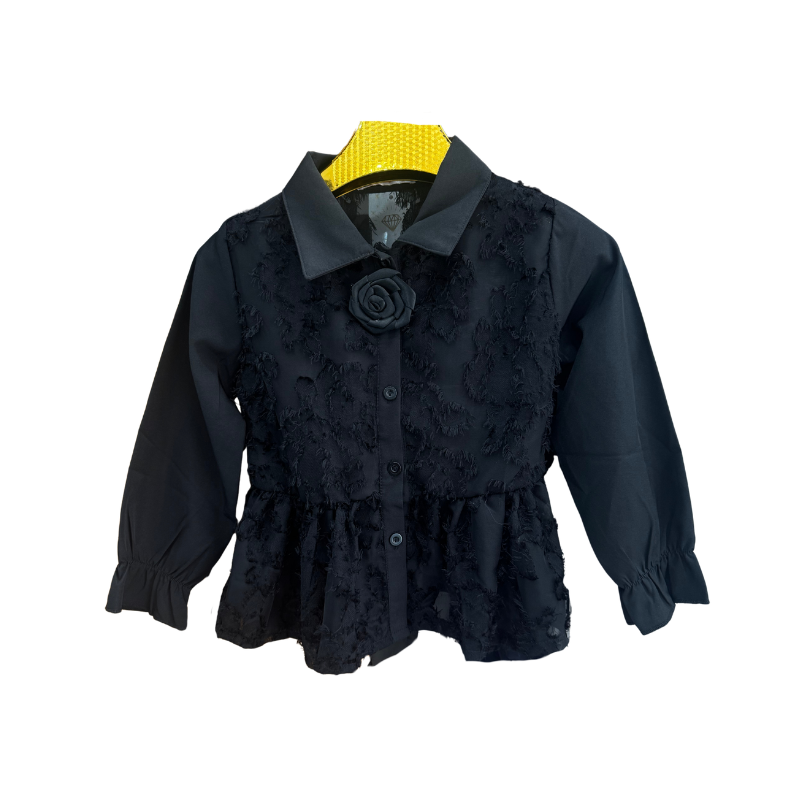 Chemise fille fleurs en relief – Noir