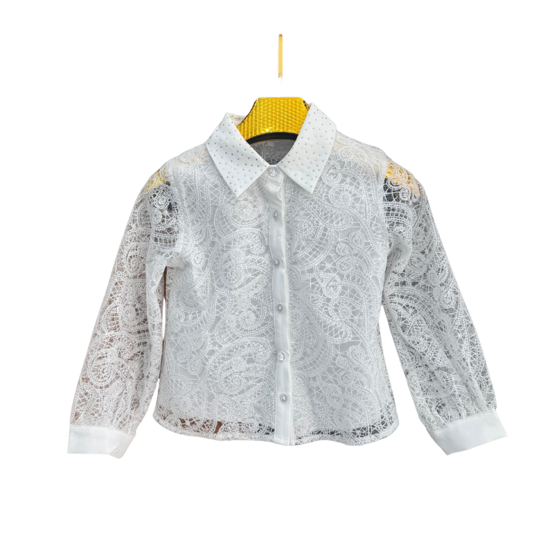 Chemise fille guipure col strass – Blanc