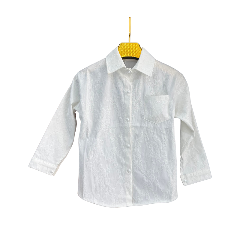 Chemise fille jacquard à poche – Blanc