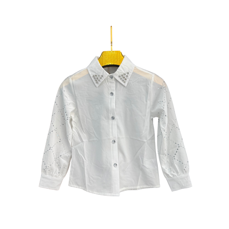 Chemise fille manches strass – Blanc