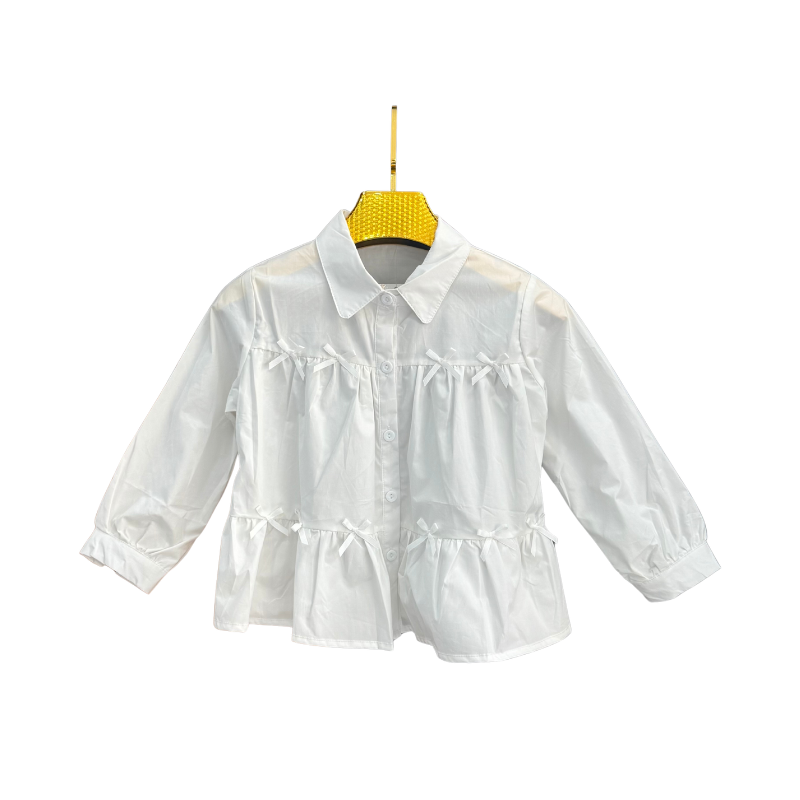 Chemise fille à volants et nœuds – Blanc