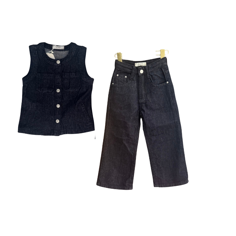 Ensemble fille gilet en jean + jean large – Bleu brut
