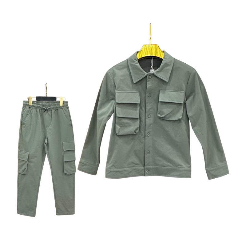 Ensemble garçon surchemise + pantalon cargo – Vert sauge