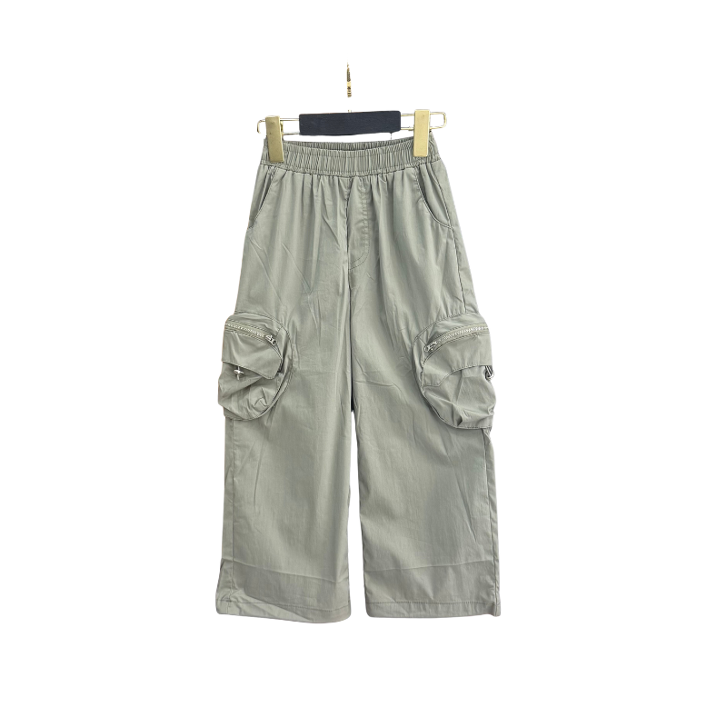 Pantalon fille large à poches zippées – Vert sauge
