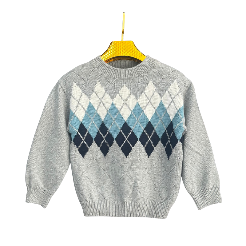 Pull garçon à losanges – Gris / Bleu