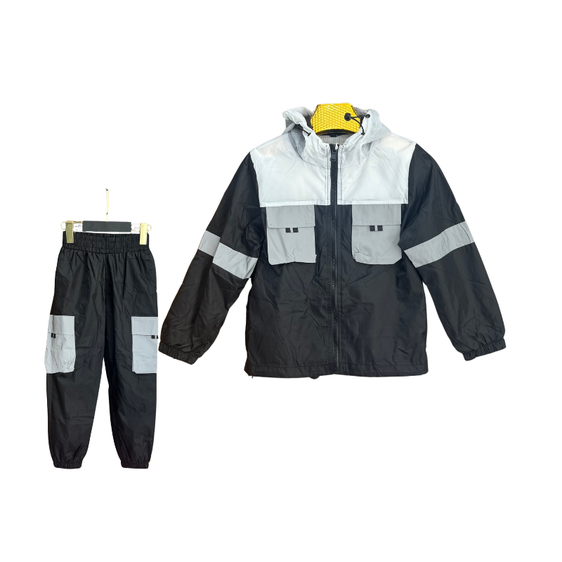 Jogging garçon coupe-vent poches cargo – Noir / Gris clair